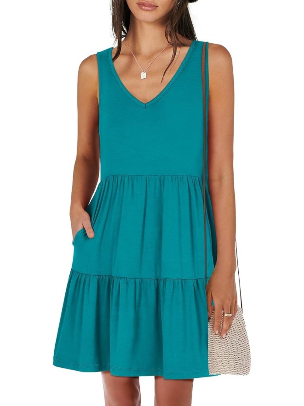 Women's Blue Summer Casual Tank Dress Sleeveless V Neck T Shirt Sundress